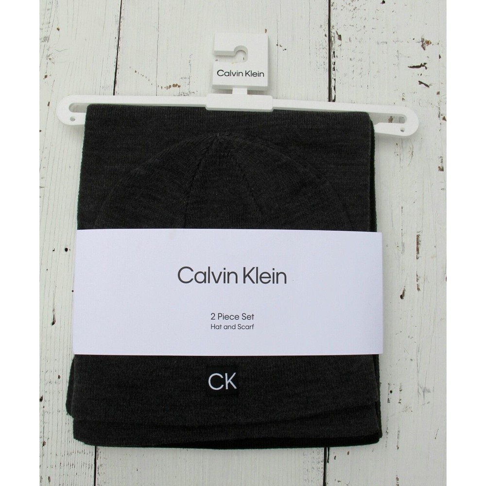 CALVIN KLEIN Men's SCARF Beanie HAT SET Jacquard NEW GRAY 72"x 10" / $98